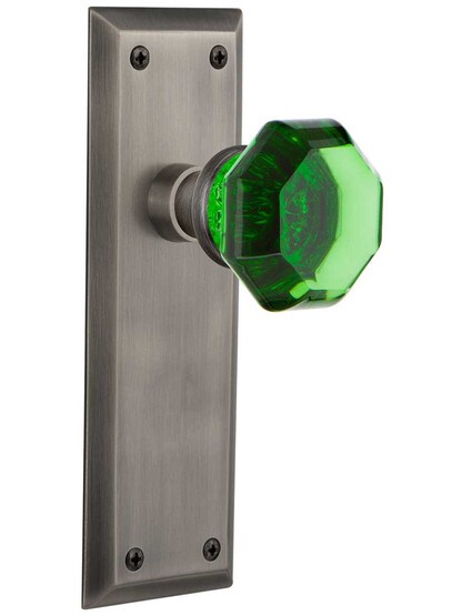 New York Door Set with Colored Waldorf Crystal Glass Knobs Emerald in Antique Pewter.